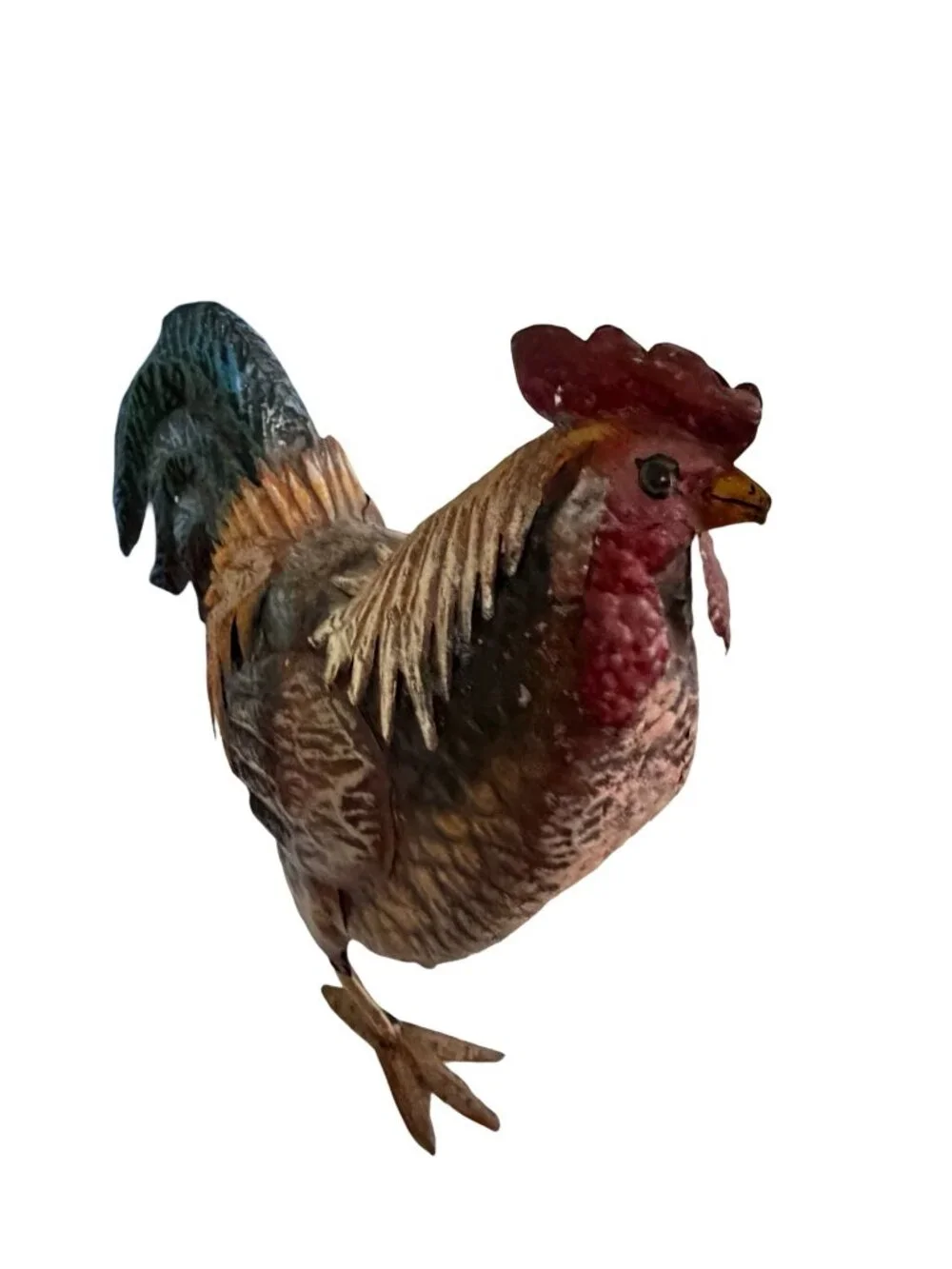 Vintage Metal Rooster Chicken Figurine Rustic Farmhouse Folk Art Hand Painted Co